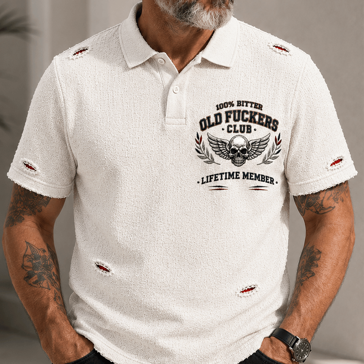 Old Fuckers Club Lifetime Member Printed Polo Shirt, Skull Wings Laurel Graphic Polo, Funny Old Man Shirt for Men