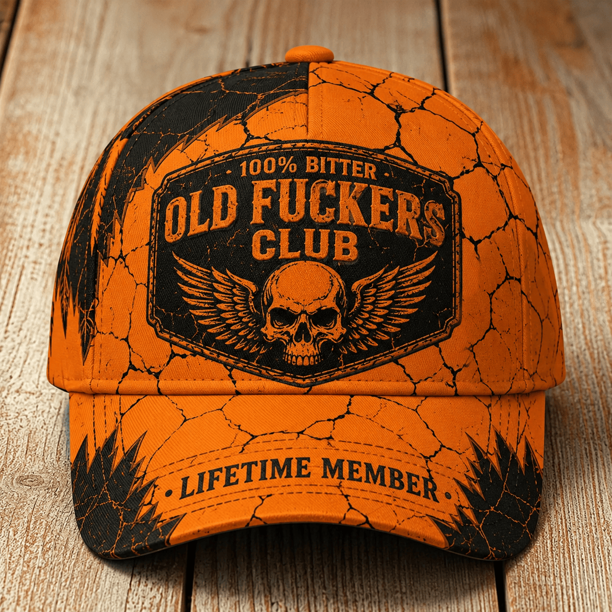Old Fuckers Club Lifetime Member Printed Baseball Cap, Skull Wings Orange Black Graphic Hat, Funny Old Man Cap for Men