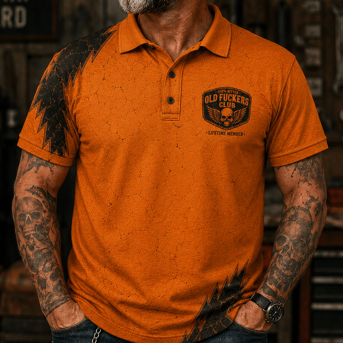 Old Fuckers Club Lifetime Member Printed Polo Shirt, Skull Wings Orange Black Graphic Polo, Funny Old Man Shirt for Men