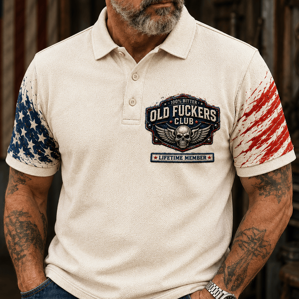 Old Fuckers Club Lifetime Member Printed Polo Shirt, Skull Wings American Flag Graphic Polo, Funny Old Man Shirt for Men