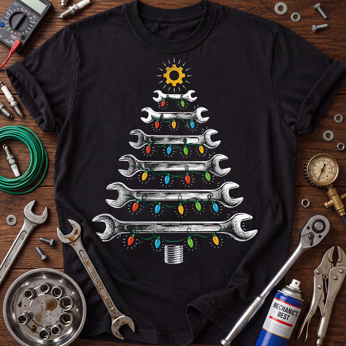 Mechanic Christmas Tree Printed T-Shirt, Wrench Holiday Graphic Tee, Funny Mechanic Christmas Shirt for Men