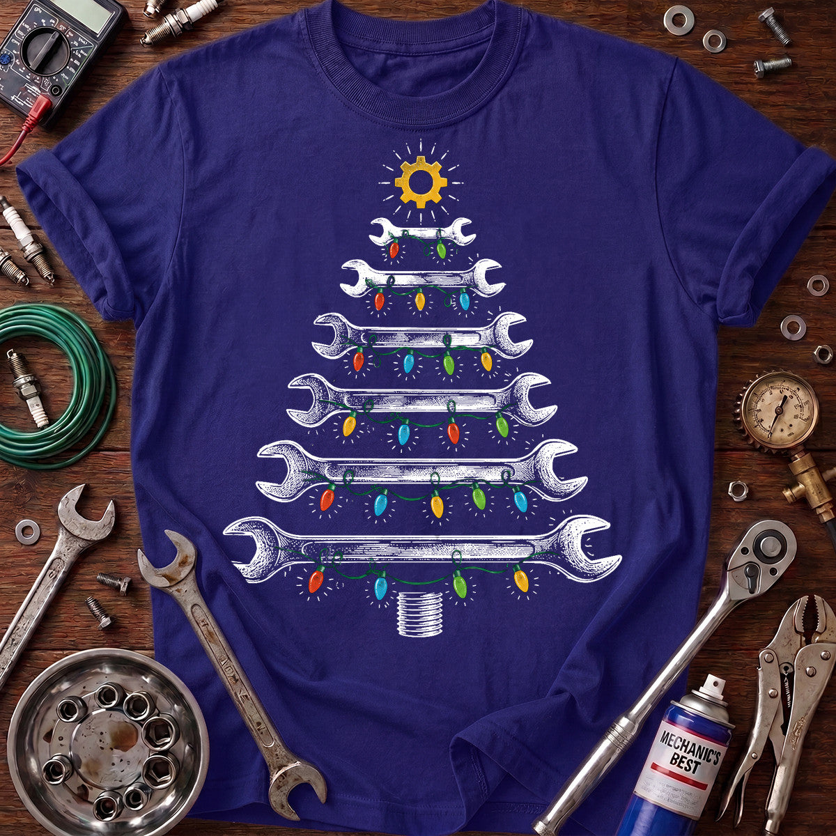 Mechanic Christmas Tree Printed T-Shirt, Wrench Holiday Graphic Tee, Funny Mechanic Christmas Shirt for Men