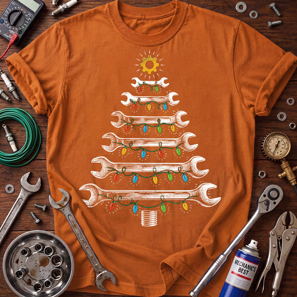 Mechanic Christmas Tree Printed T-Shirt, Wrench Holiday Graphic Tee, Funny Mechanic Christmas Shirt for Men