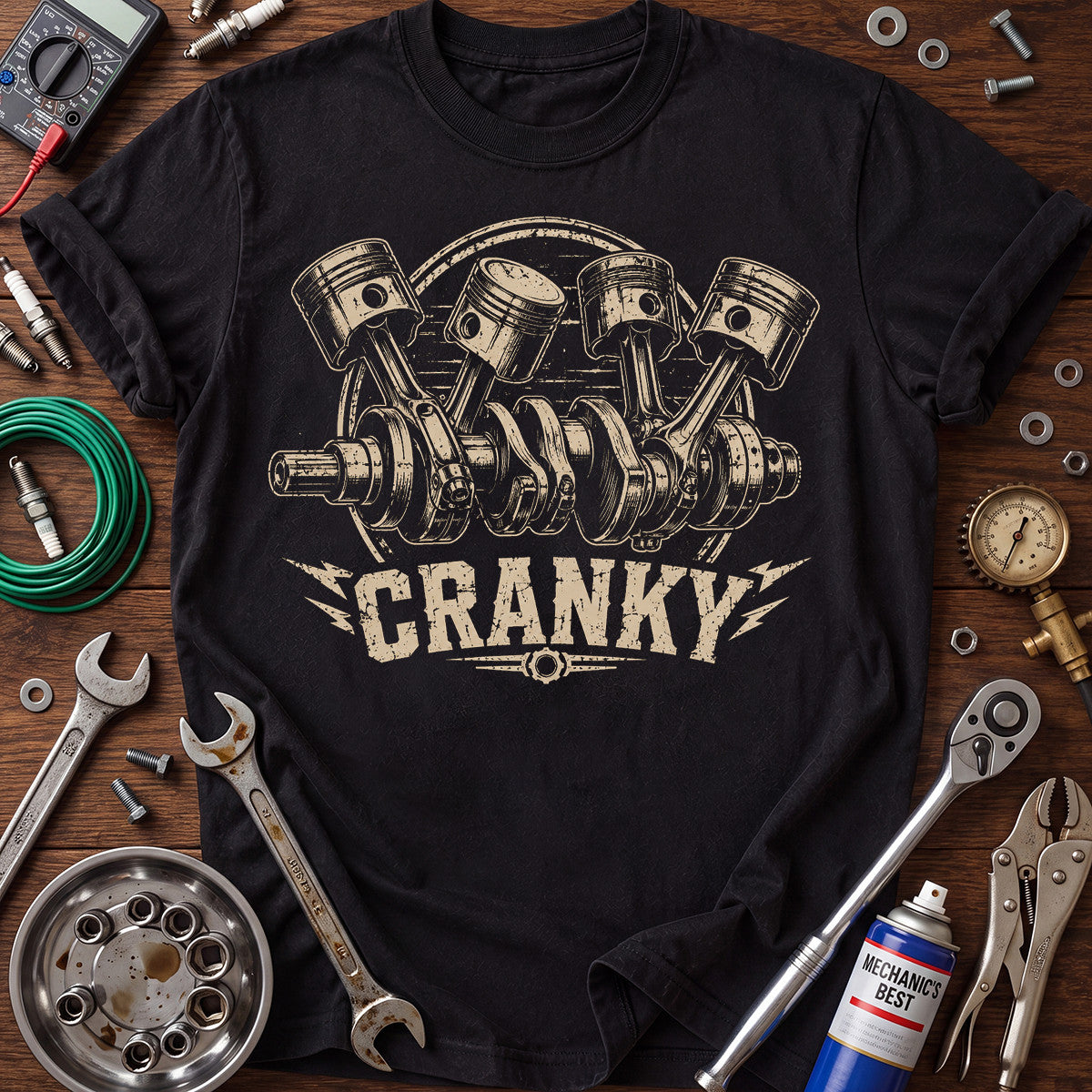 Cranky Mechanic Printed T-Shirt, Piston Engine Graphic Tee, Funny Auto Mechanic Shirt for Men