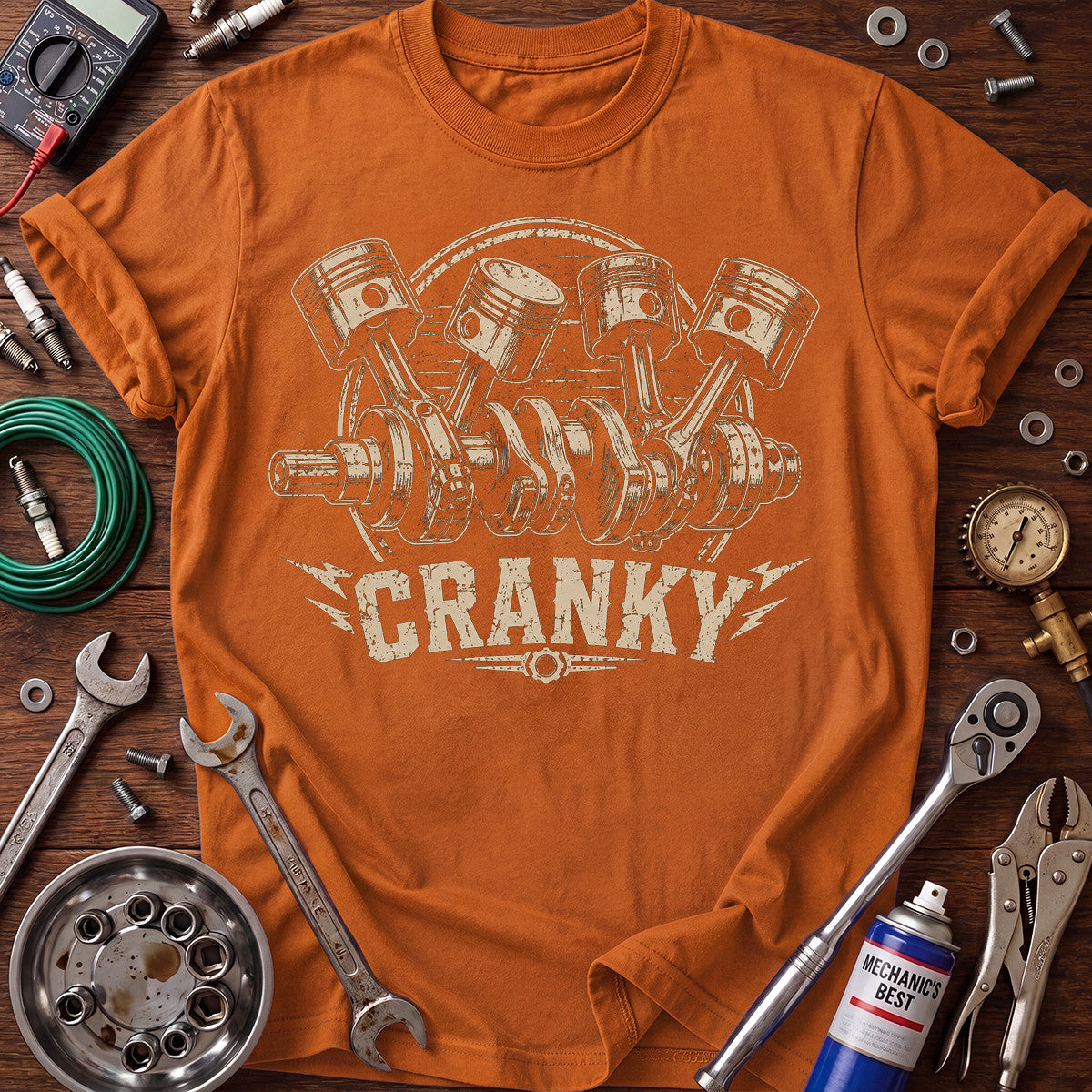 Cranky Mechanic Printed T-Shirt, Piston Engine Graphic Tee, Funny Auto Mechanic Shirt for Men