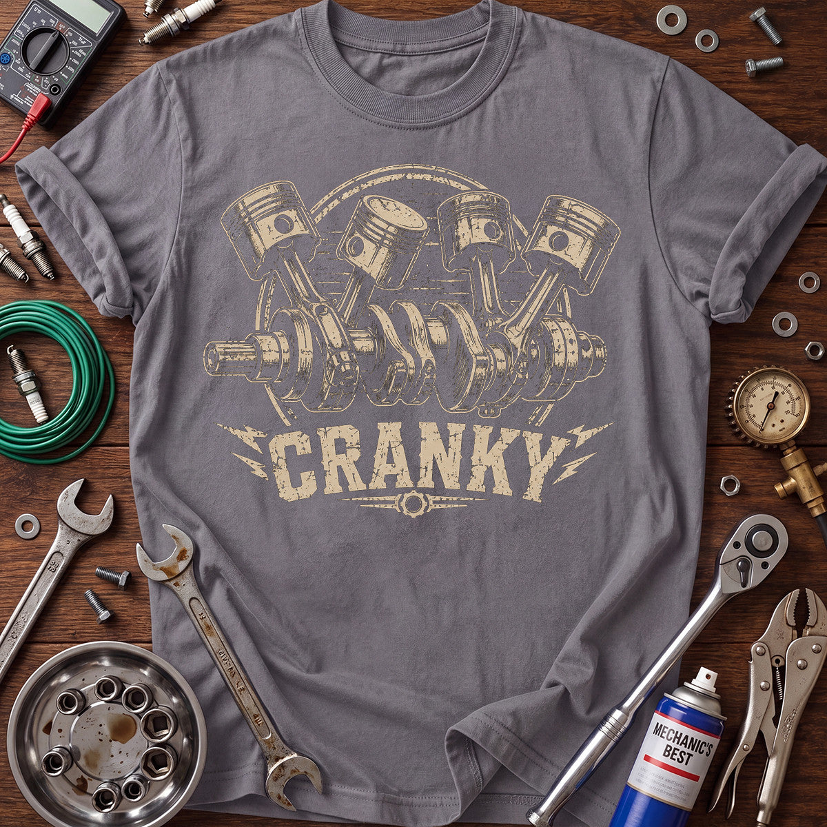 Cranky Mechanic Printed T-Shirt, Piston Engine Graphic Tee, Funny Auto Mechanic Shirt for Men