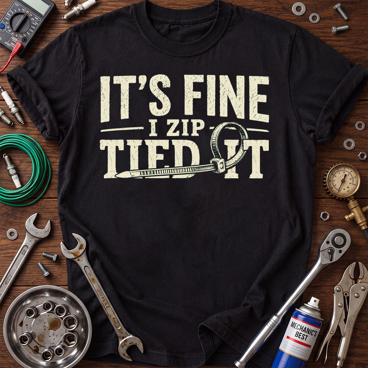 It’s Fine I Zip Tied It Printed T-Shirt, Funny Mechanic Zip Tie Graphic Tee, Auto Repair Humor Shirt for Men
