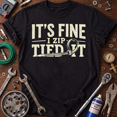 It’s Fine I Zip Tied It Printed T-Shirt, Funny Mechanic Zip Tie Graphic Tee, Auto Repair Humor Shirt for Men