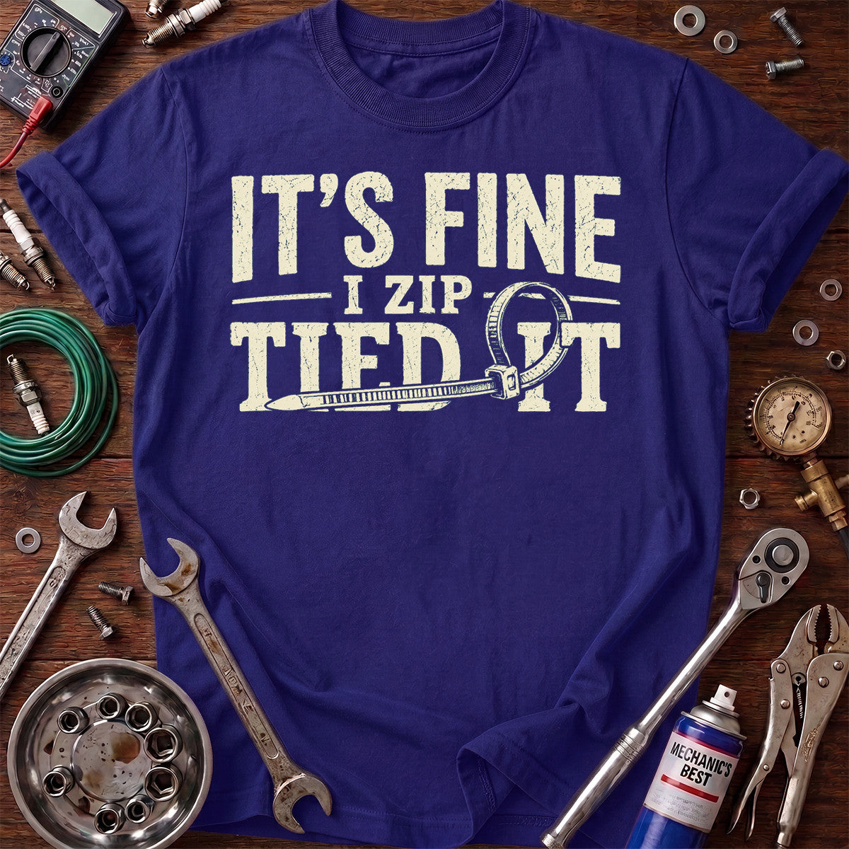 It’s Fine I Zip Tied It Printed T-Shirt, Funny Mechanic Zip Tie Graphic Tee, Auto Repair Humor Shirt for Men