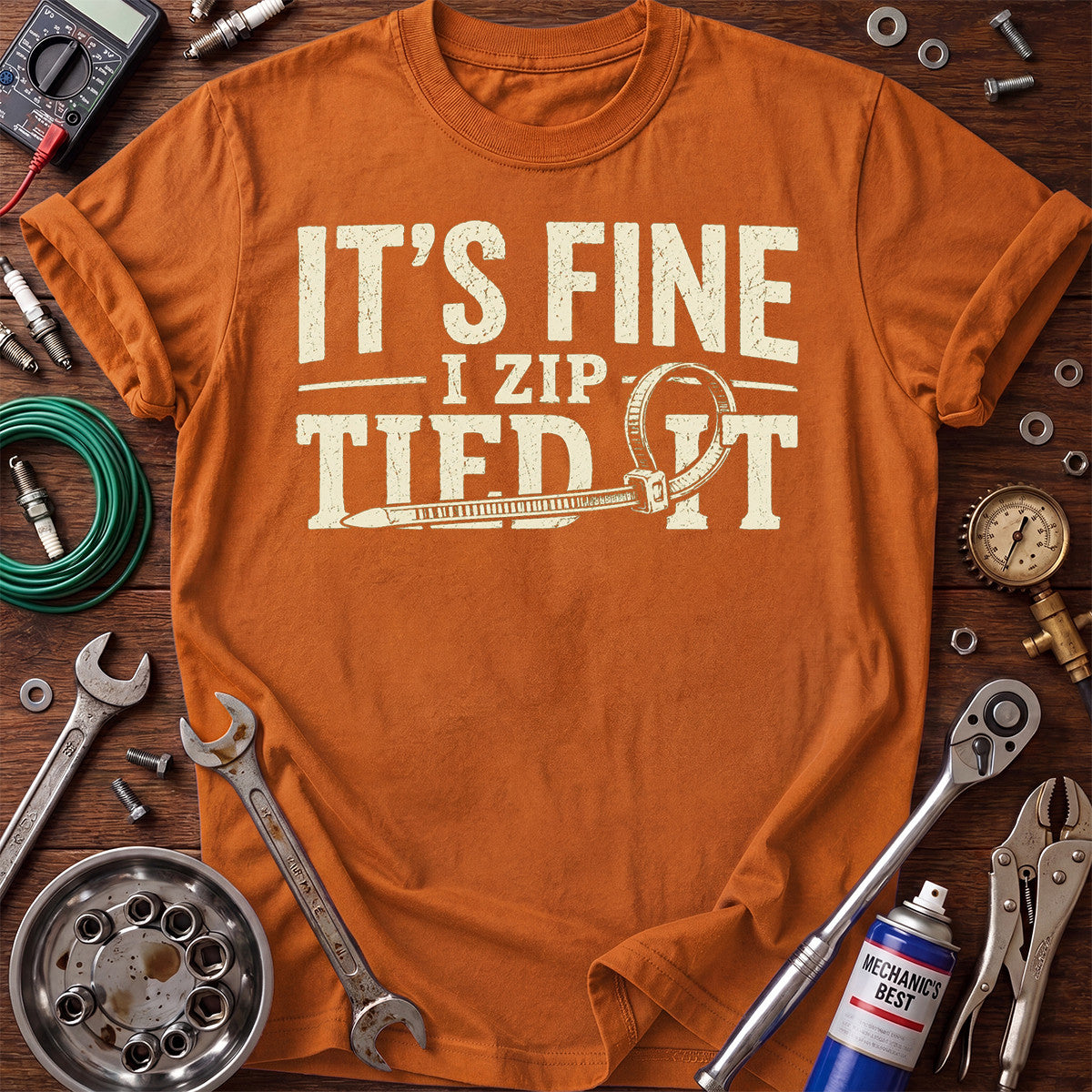 It’s Fine I Zip Tied It Printed T-Shirt, Funny Mechanic Zip Tie Graphic Tee, Auto Repair Humor Shirt for Men