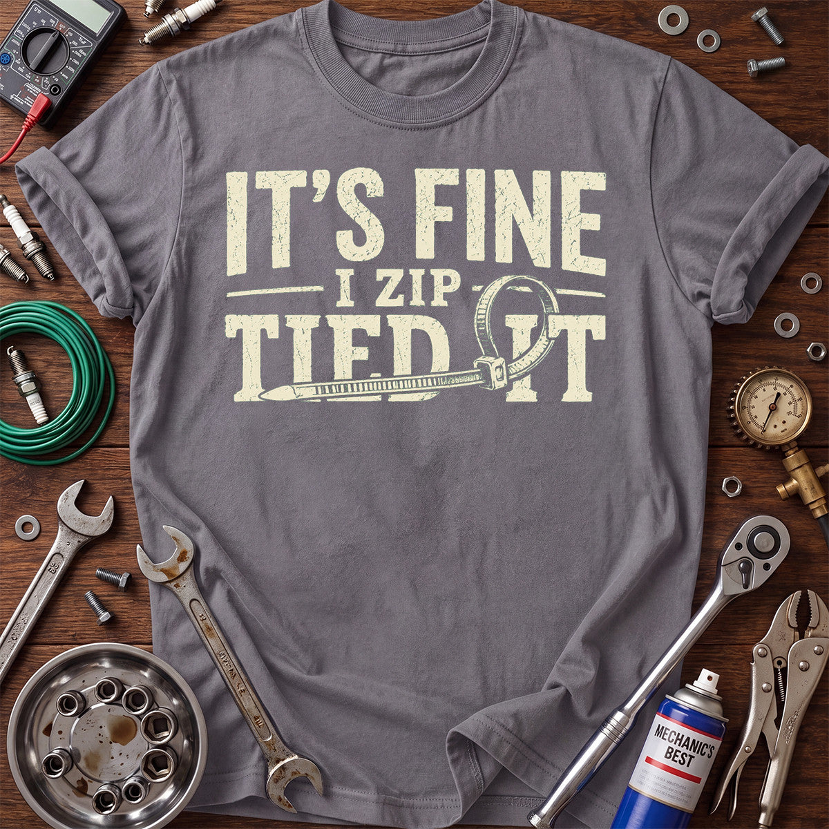 It’s Fine I Zip Tied It Printed T-Shirt, Funny Mechanic Zip Tie Graphic Tee, Auto Repair Humor Shirt for Men