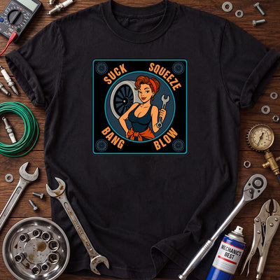 Suck Squeeze Bang Blow Printed T-Shirt, Funny Female Mechanic Graphic Tee, Auto Repair Humor Shirt for Women