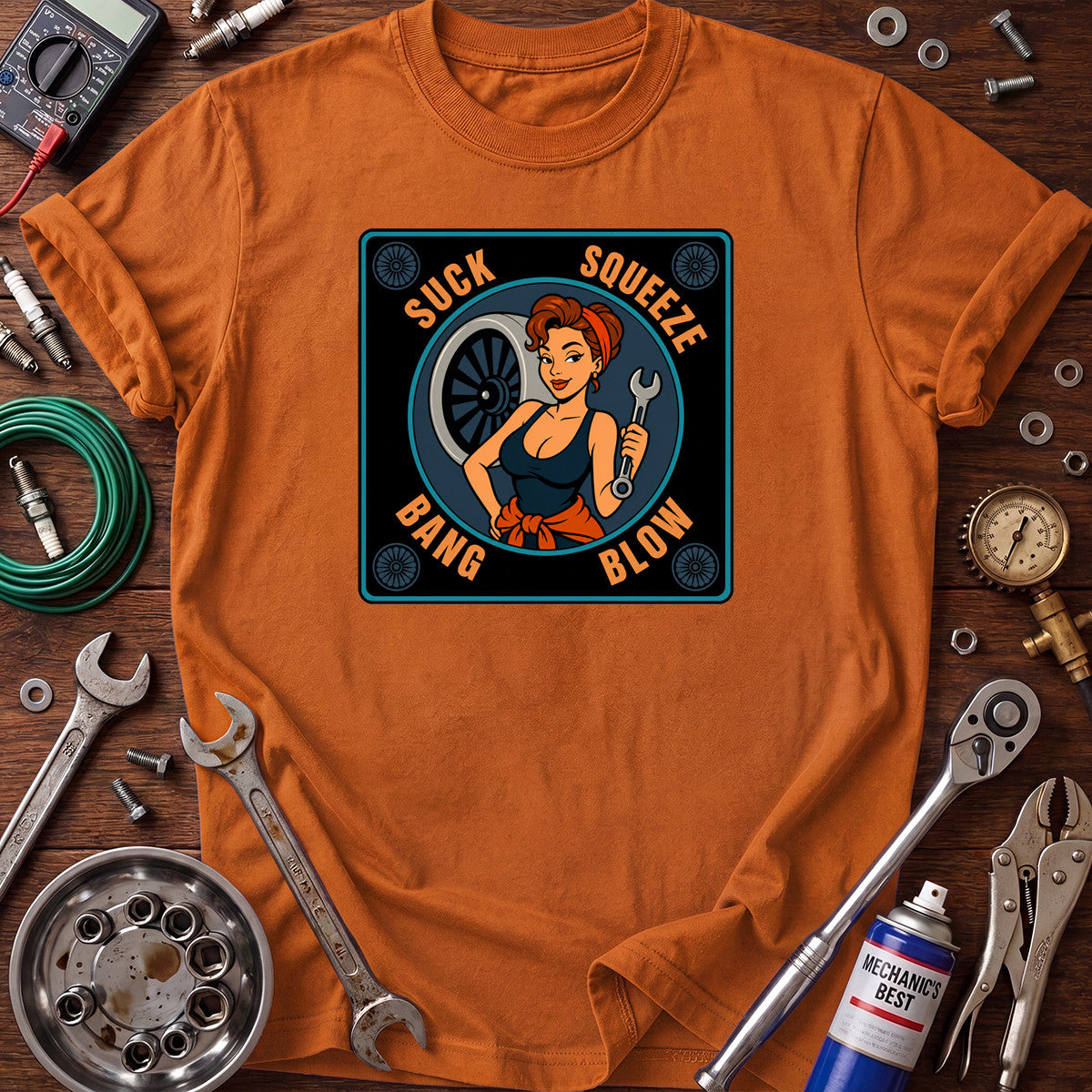 Suck Squeeze Bang Blow Printed T-Shirt, Funny Female Mechanic Graphic Tee, Auto Repair Humor Shirt for Women