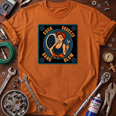 Suck Squeeze Bang Blow Printed T-Shirt, Funny Female Mechanic Graphic Tee, Auto Repair Humor Shirt for Women