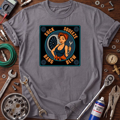 Suck Squeeze Bang Blow Printed T-Shirt, Funny Female Mechanic Graphic Tee, Auto Repair Humor Shirt for Women