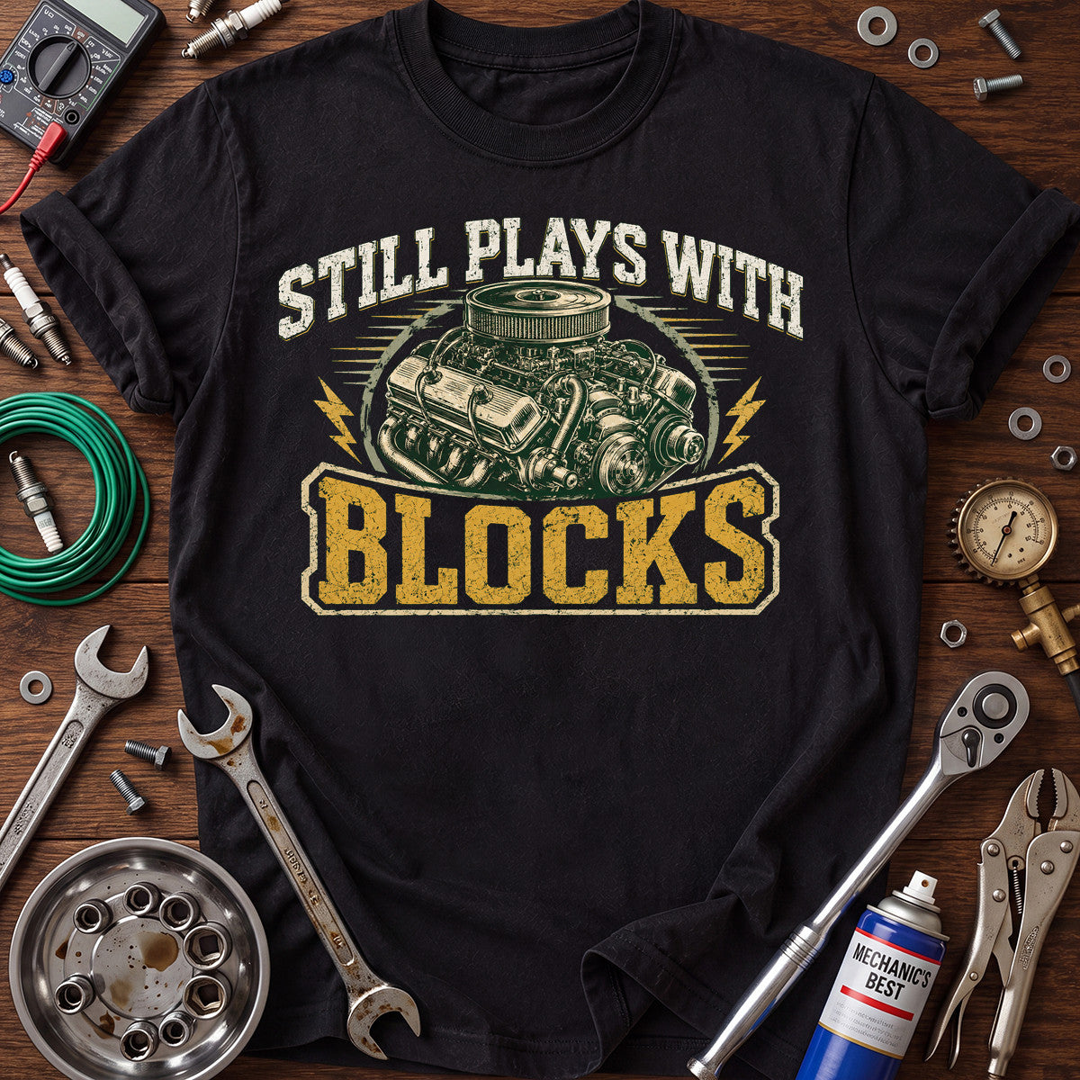 Still Plays With Blocks Printed T-Shirt, Engine Block Mechanic Graphic Tee, Funny Auto Mechanic Shirt for Men