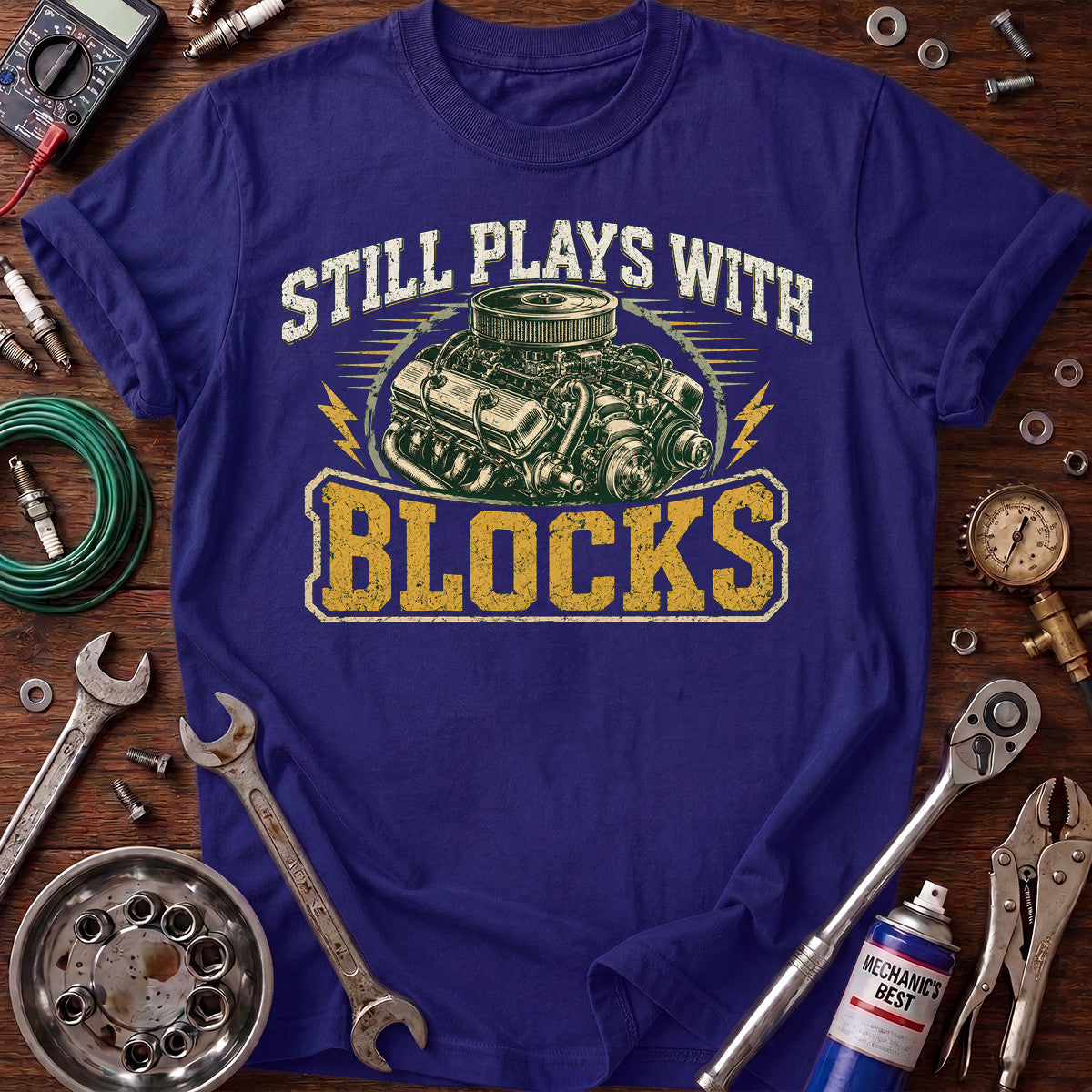 Still Plays With Blocks Printed T-Shirt, Engine Block Mechanic Graphic Tee, Funny Auto Mechanic Shirt for Men