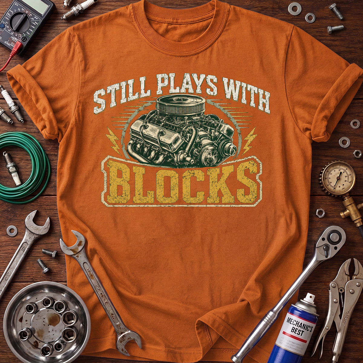 Still Plays With Blocks Printed T-Shirt, Engine Block Mechanic Graphic Tee, Funny Auto Mechanic Shirt for Men