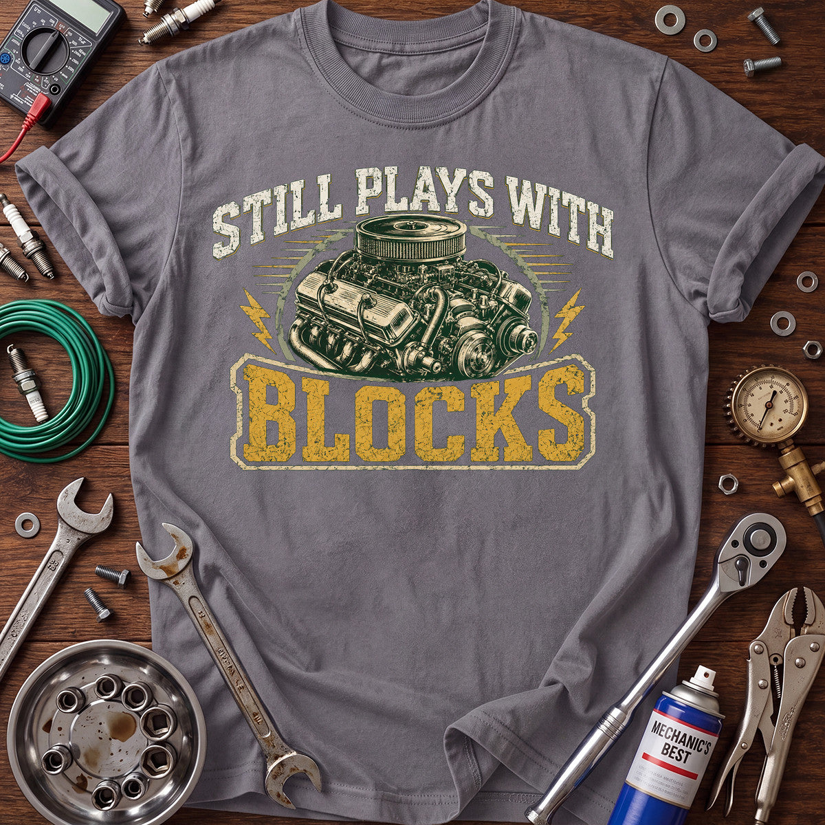Still Plays With Blocks Printed T-Shirt, Engine Block Mechanic Graphic Tee, Funny Auto Mechanic Shirt for Men