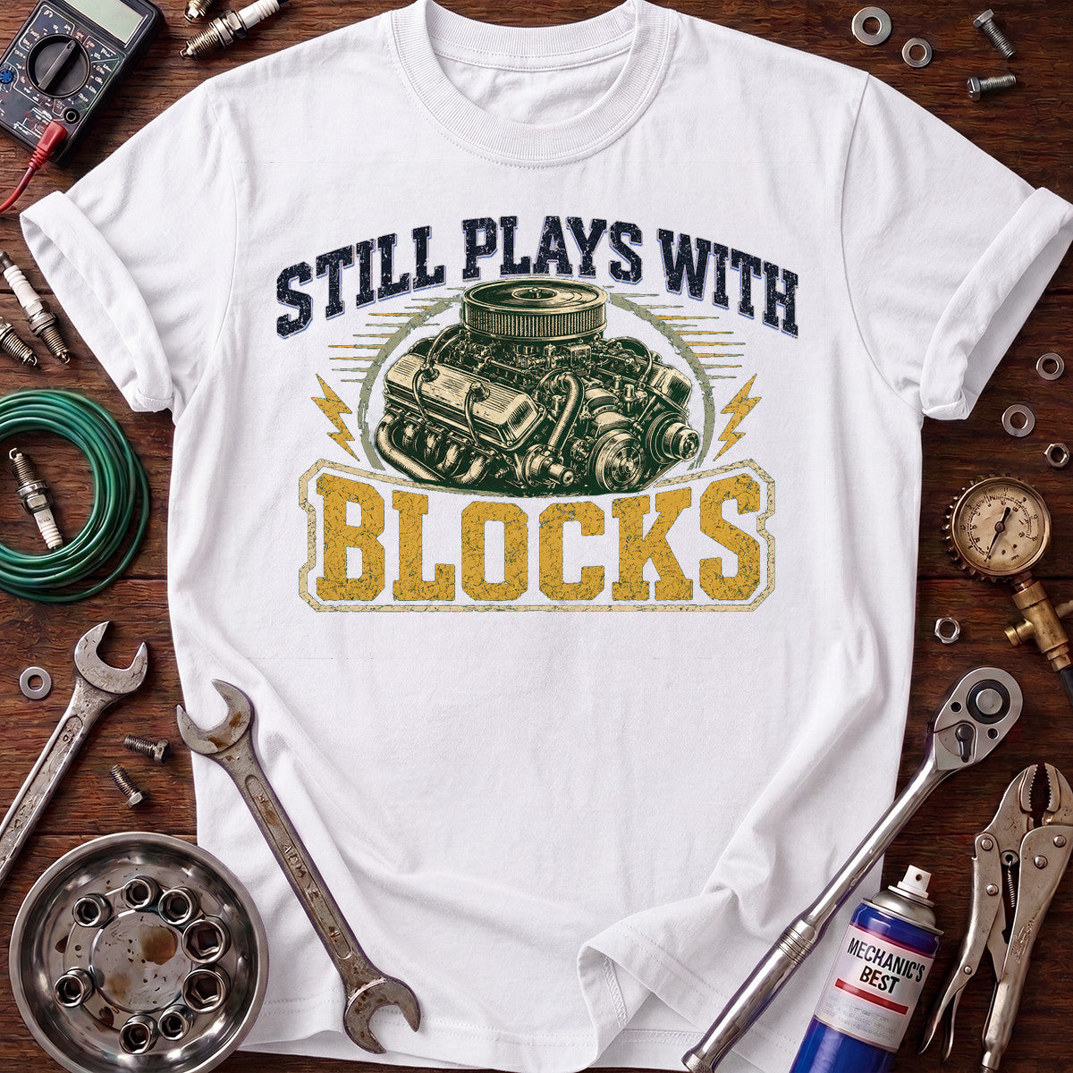 Still Plays With Blocks Printed T-Shirt, Engine Block Mechanic Graphic Tee, Funny Auto Mechanic Shirt for Men