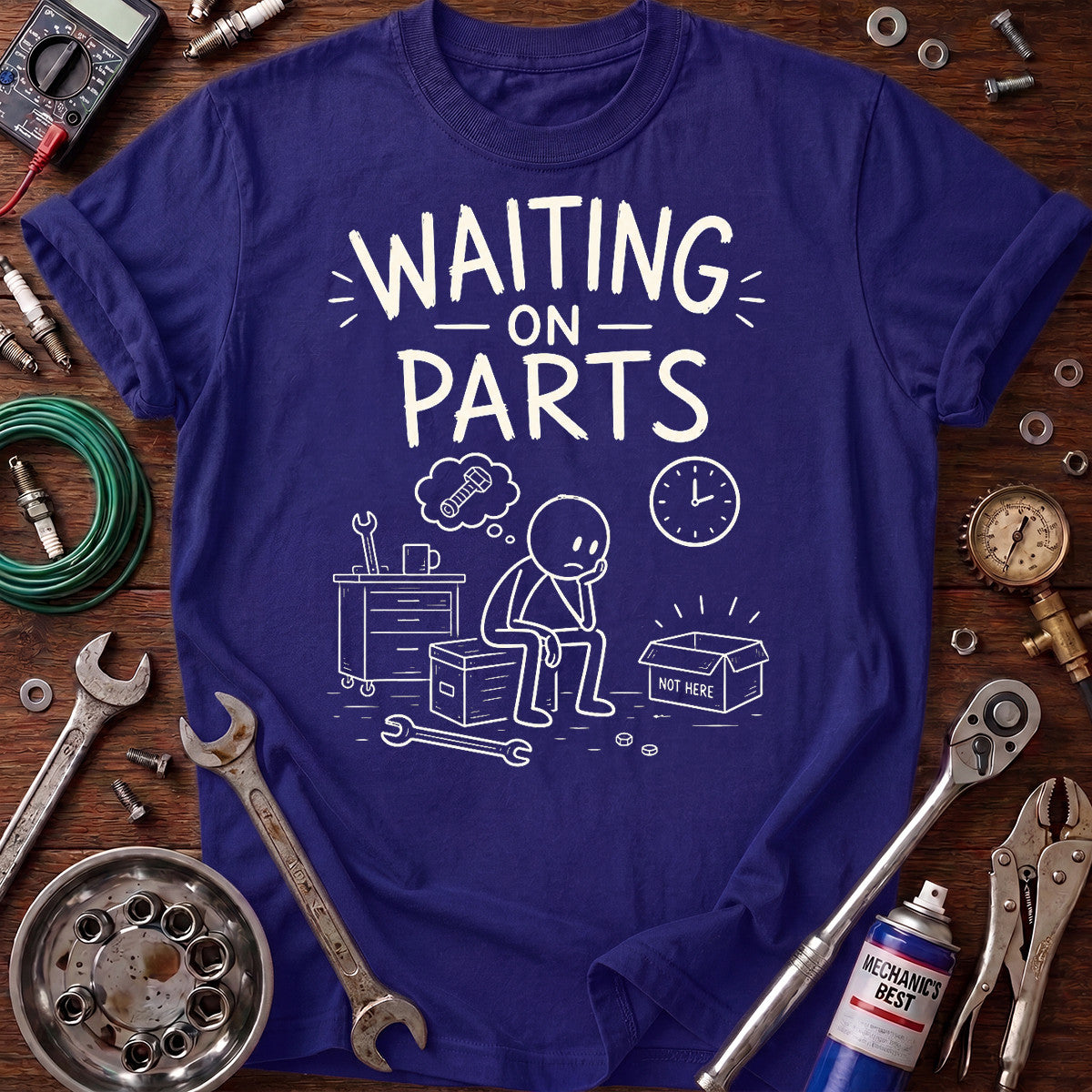 Waiting on Parts Printed T-Shirt, Funny Mechanic Graphic Tee, Auto Repair Shop Humor Shirt for Men