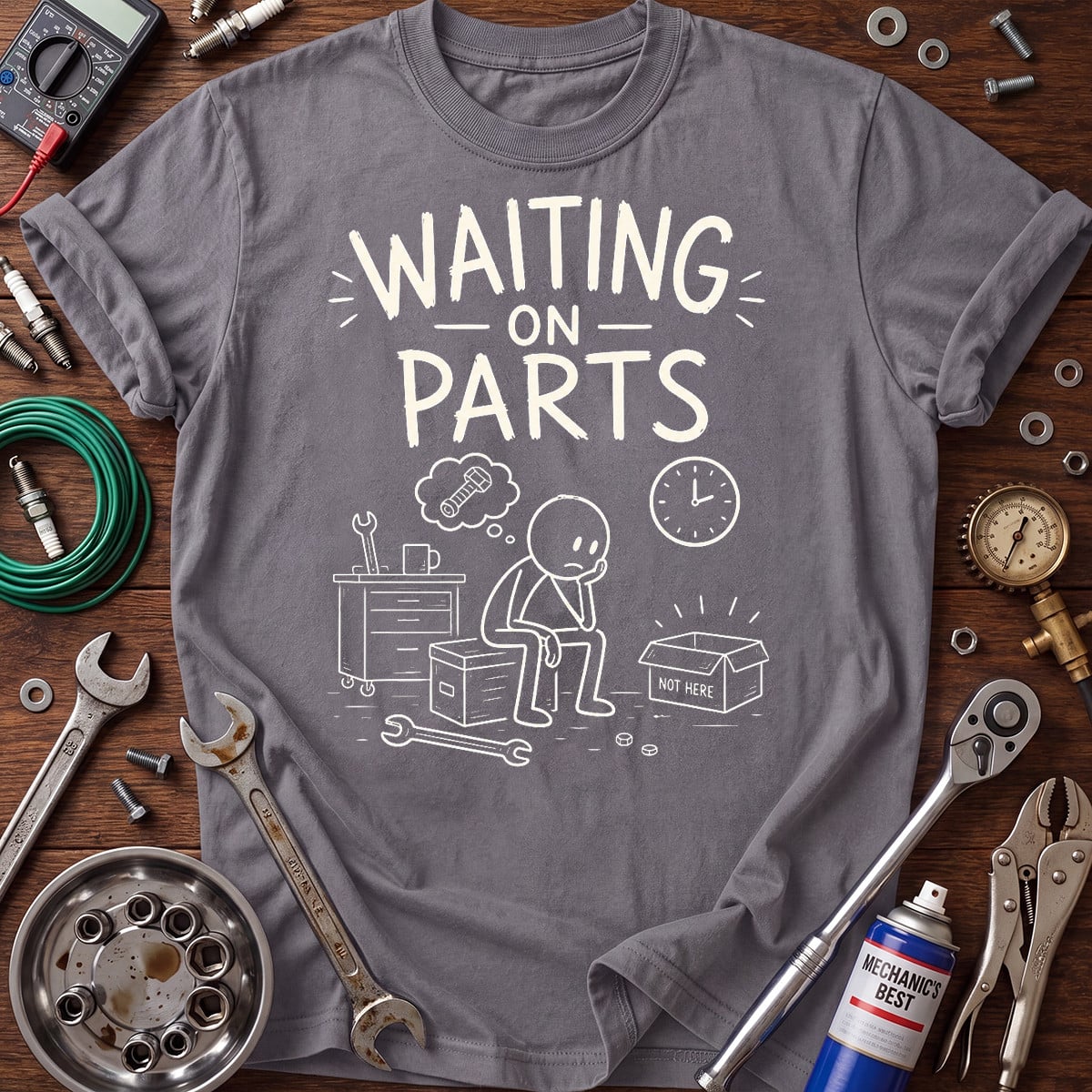Waiting on Parts Printed T-Shirt, Funny Mechanic Graphic Tee, Auto Repair Shop Humor Shirt for Men
