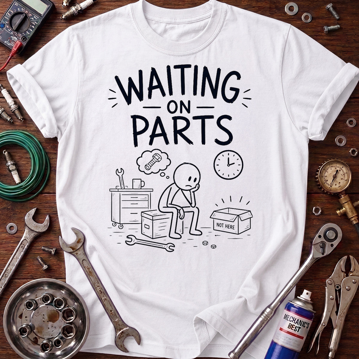 Waiting on Parts Printed T-Shirt, Funny Mechanic Graphic Tee, Auto Repair Shop Humor Shirt for Men