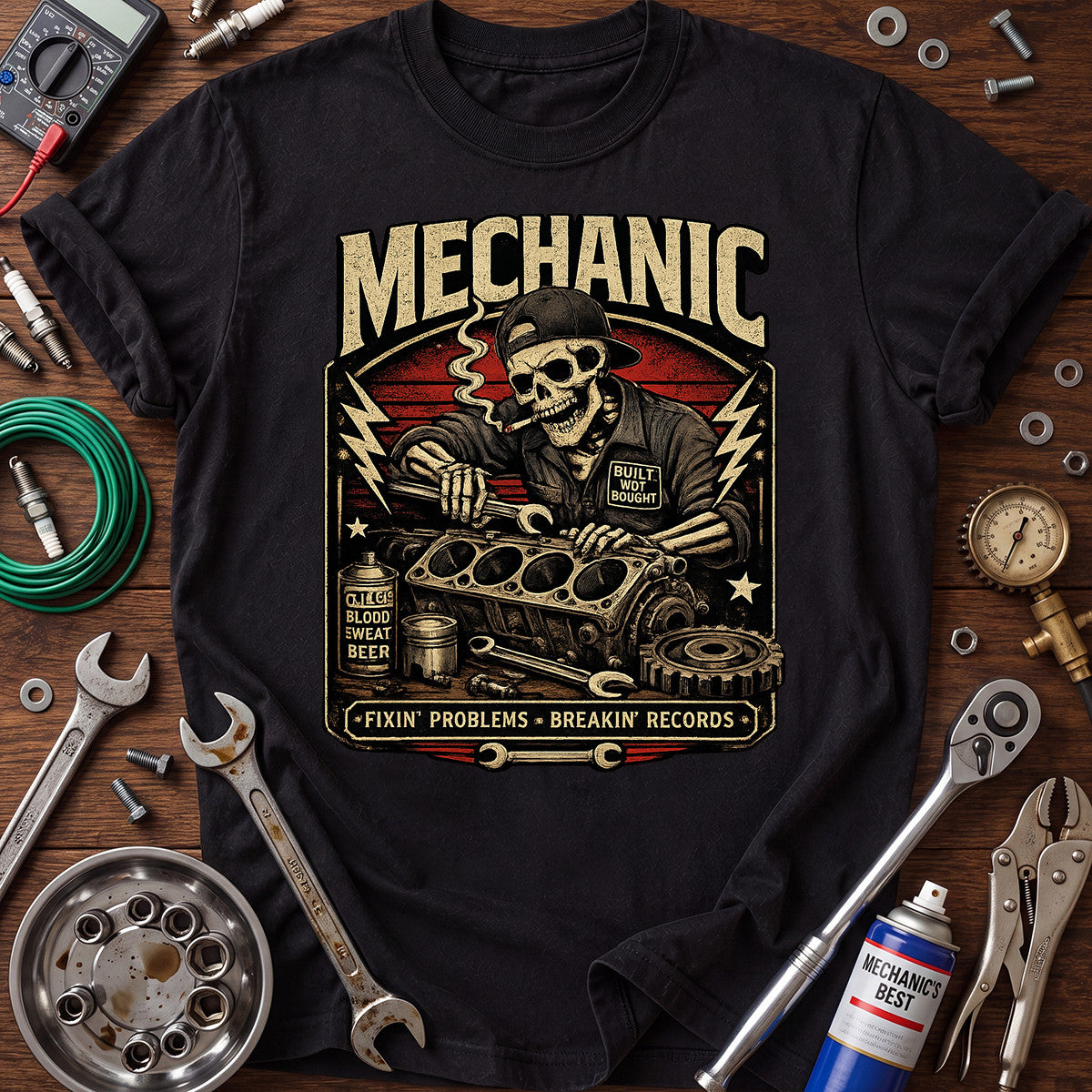 Mechanic Fixing Problems Printed T-Shirt, Skull Auto Repair Graphic Tee, Funny Garage Mechanic Shirt for Men