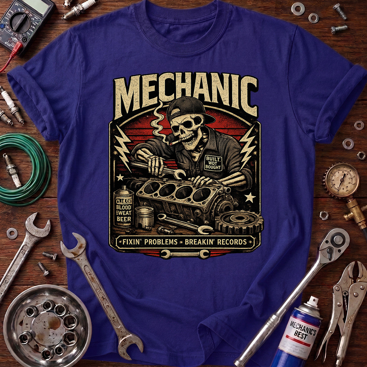 Mechanic Fixing Problems Printed T-Shirt, Skull Auto Repair Graphic Tee, Funny Garage Mechanic Shirt for Men