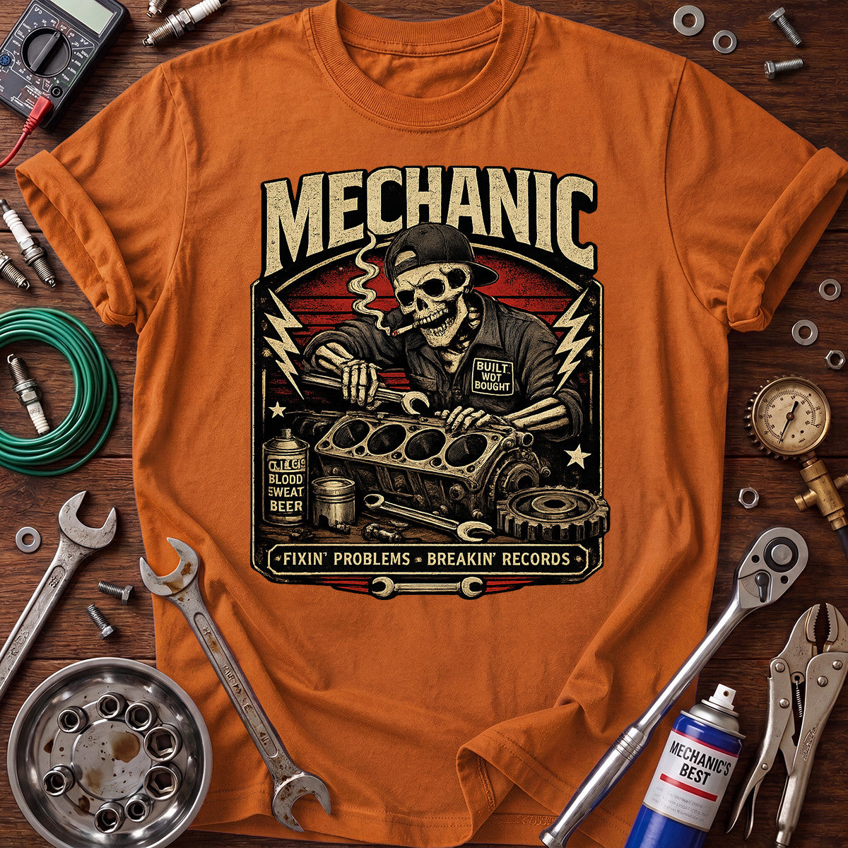 Mechanic Fixing Problems Printed T-Shirt, Skull Auto Repair Graphic Tee, Funny Garage Mechanic Shirt for Men