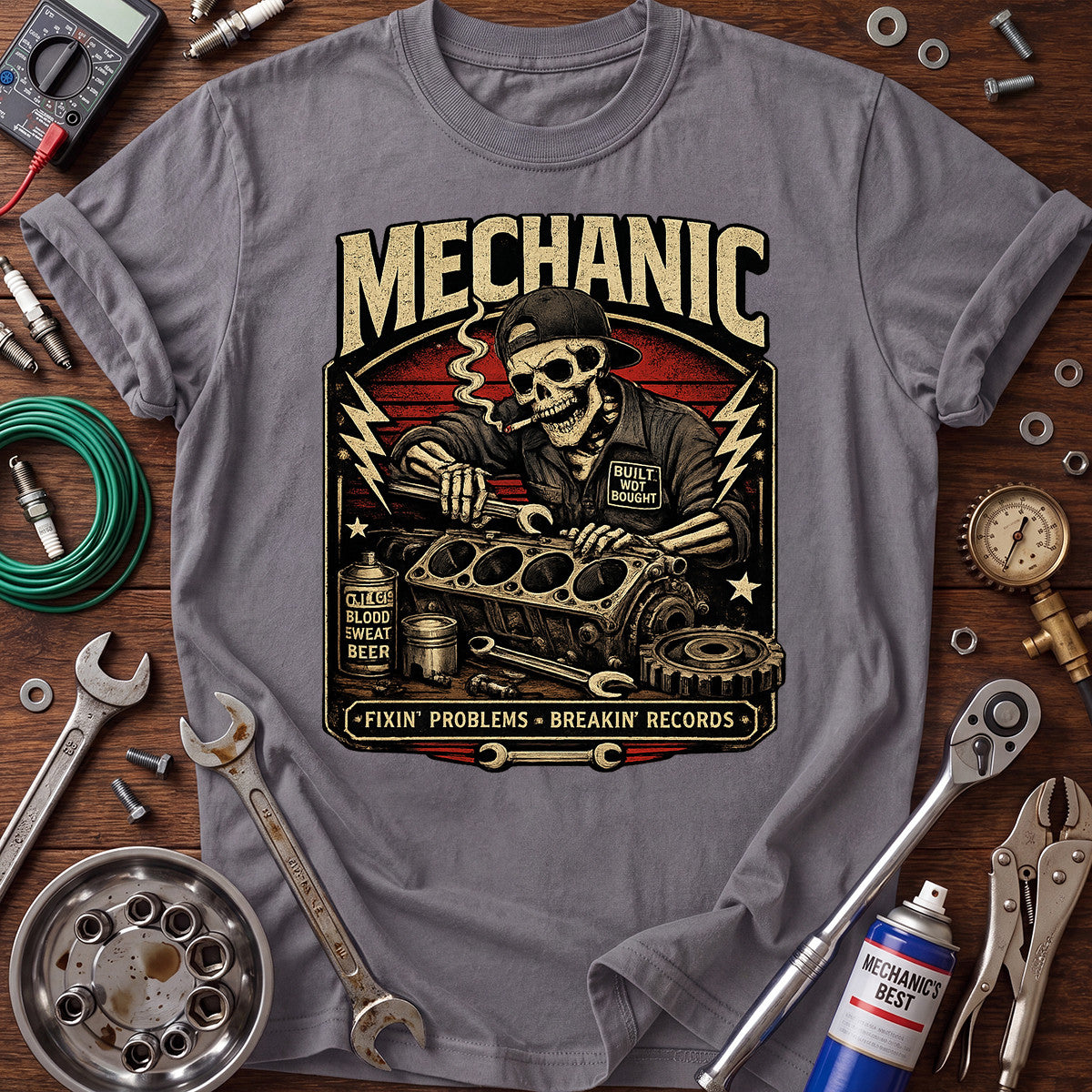 Mechanic Fixing Problems Printed T-Shirt, Skull Auto Repair Graphic Tee, Funny Garage Mechanic Shirt for Men