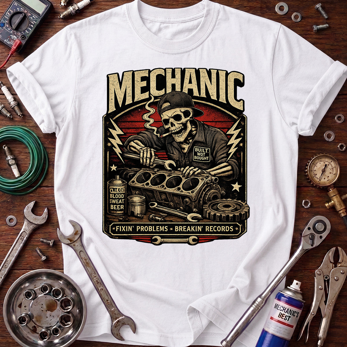 Mechanic Fixing Problems Printed T-Shirt, Skull Auto Repair Graphic Tee, Funny Garage Mechanic Shirt for Men