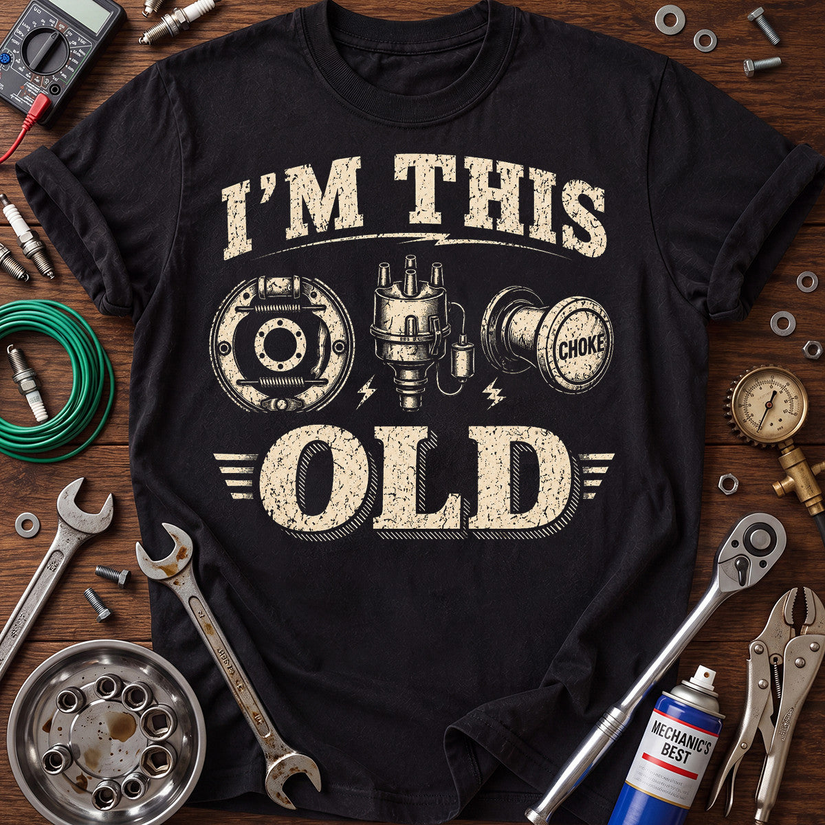 I’m This Old Mechanic Printed T-Shirt Vintage Auto Parts Design Funny Mechanic Gift for Men Garage Car Repair Tee