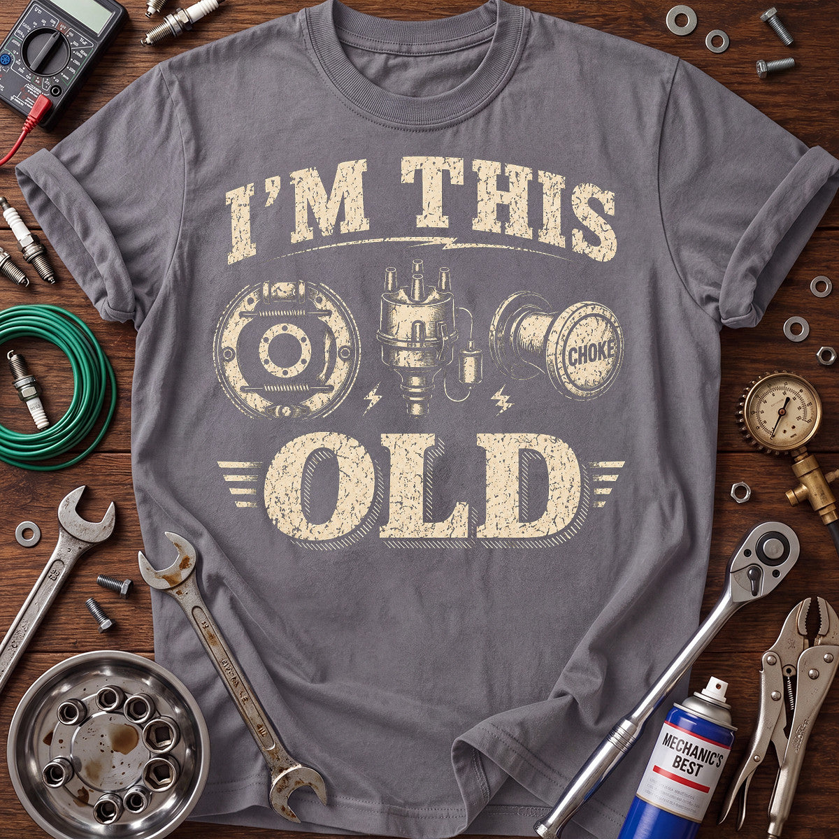 I’m This Old Mechanic Printed T-Shirt Vintage Auto Parts Design Funny Mechanic Gift for Men Garage Car Repair Tee