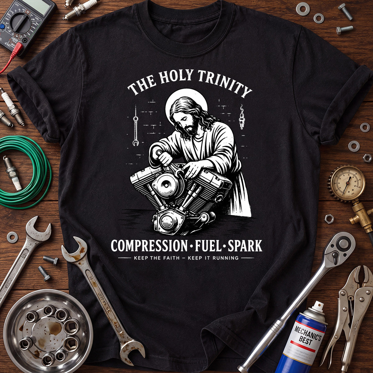 The Holy Trinity Compression Fuel Spark Printed T-Shirt Jesus Mechanic Design Christian Auto Repair Gift for Men