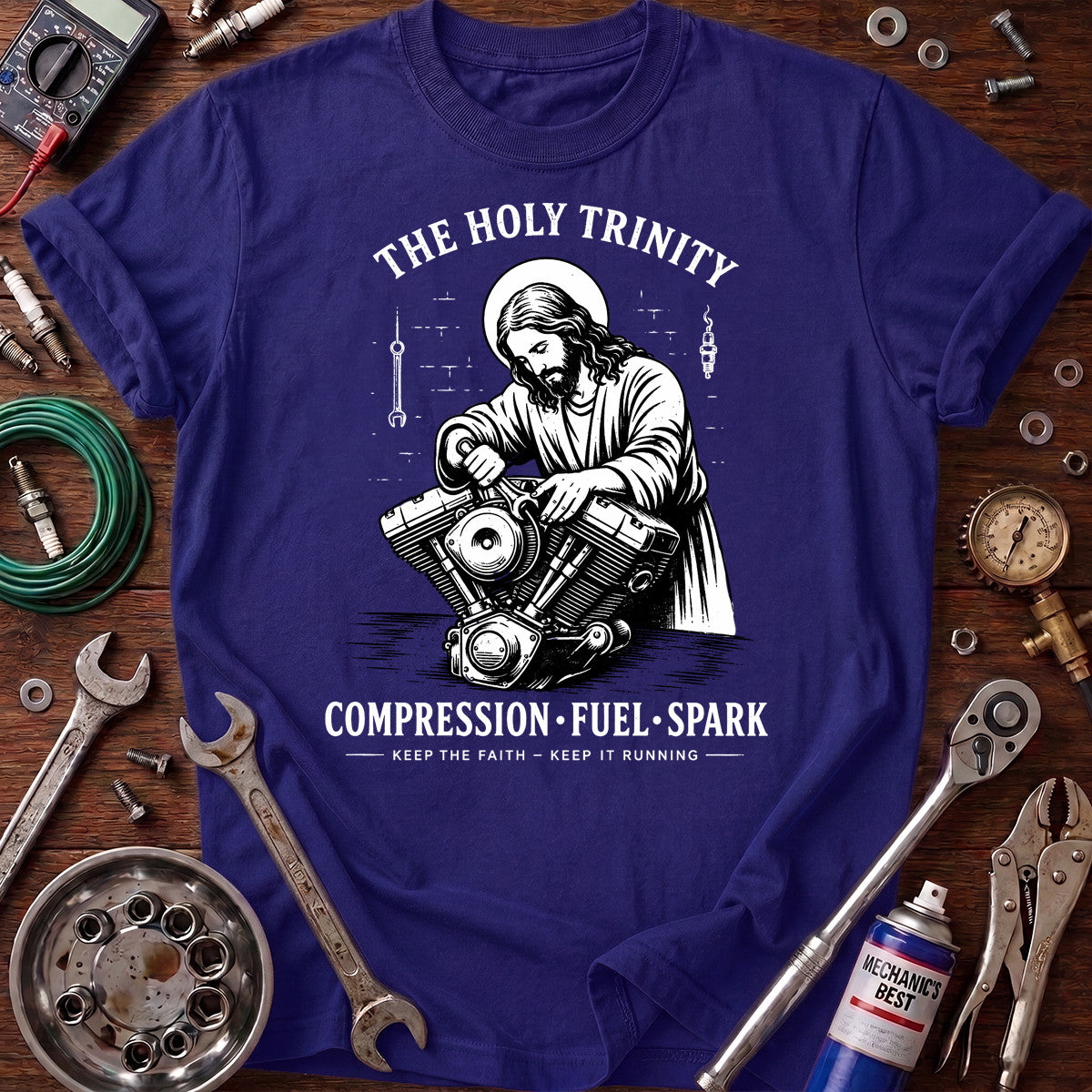 The Holy Trinity Compression Fuel Spark Printed T-Shirt Jesus Mechanic Design Christian Auto Repair Gift for Men