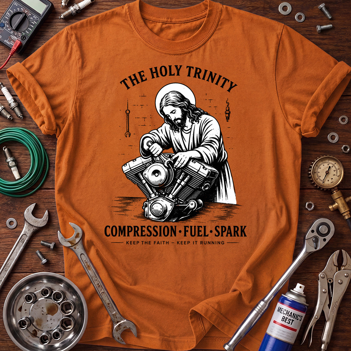 The Holy Trinity Compression Fuel Spark Printed T-Shirt Jesus Mechanic Design Christian Auto Repair Gift for Men