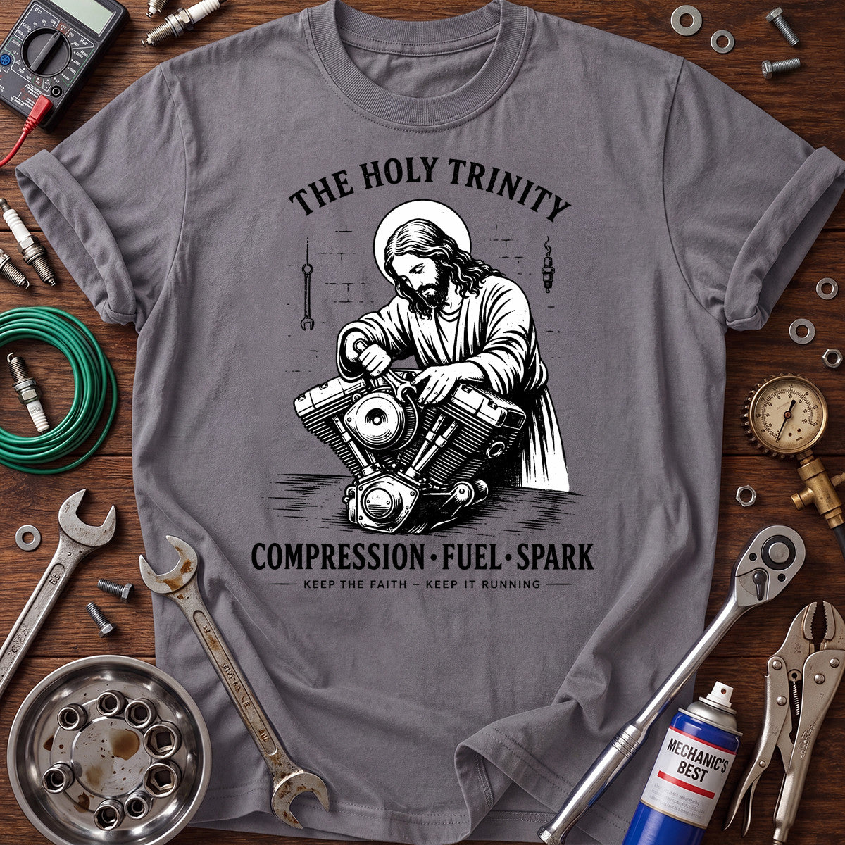 The Holy Trinity Compression Fuel Spark Printed T-Shirt Jesus Mechanic Design Christian Auto Repair Gift for Men