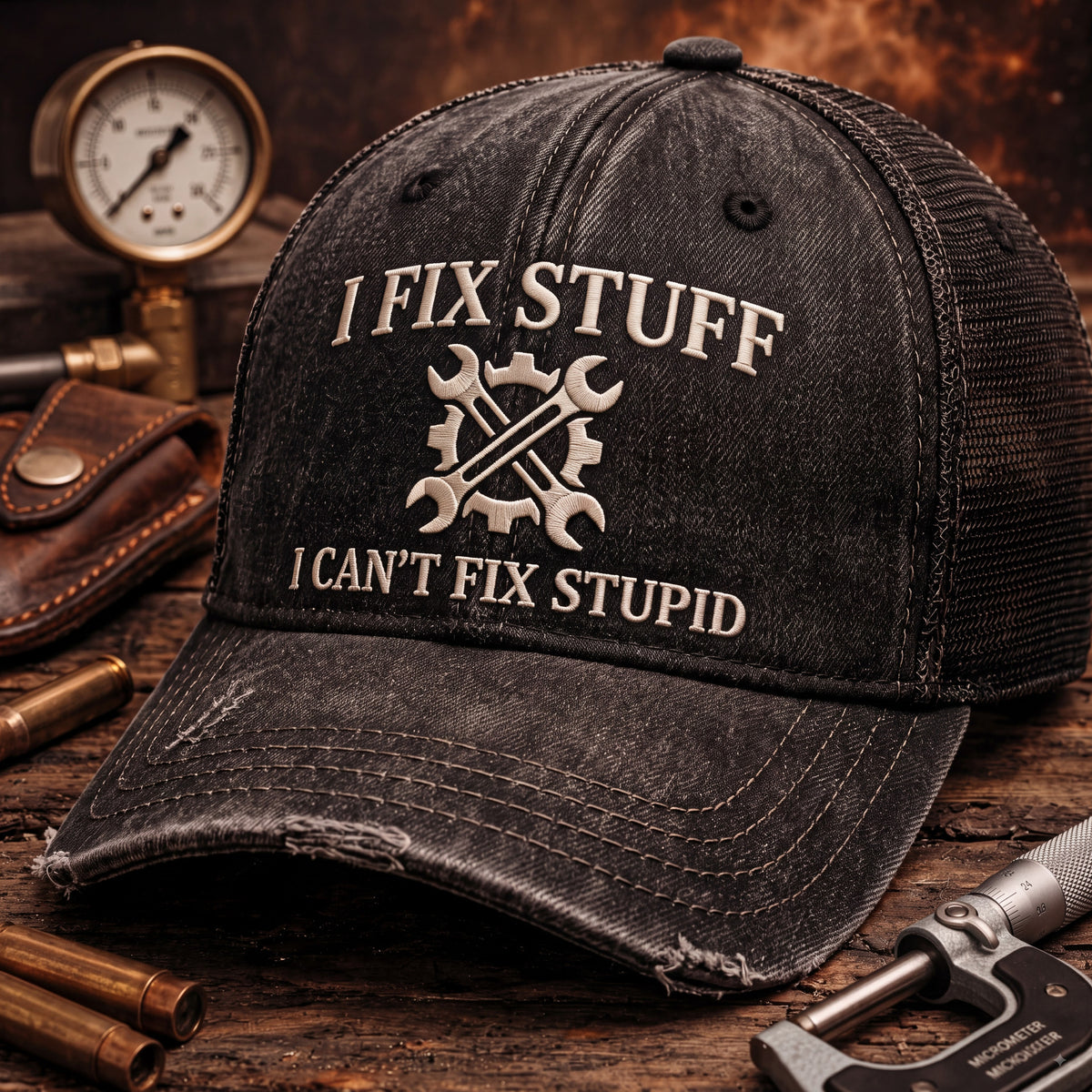 I Fix Stuff I Can’t Fix Stupid Printed Trucker Cap Funny Mechanic Wrench Design Garage Repair Gift Hat for Men