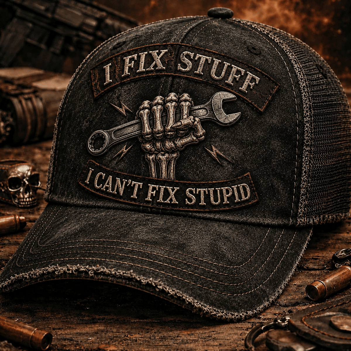 I Fix Stuff I Can’t Fix Stupid Printed Trucker Cap Skeleton Hand Wrench Mechanic Design Funny Garage Gift Hat for Men