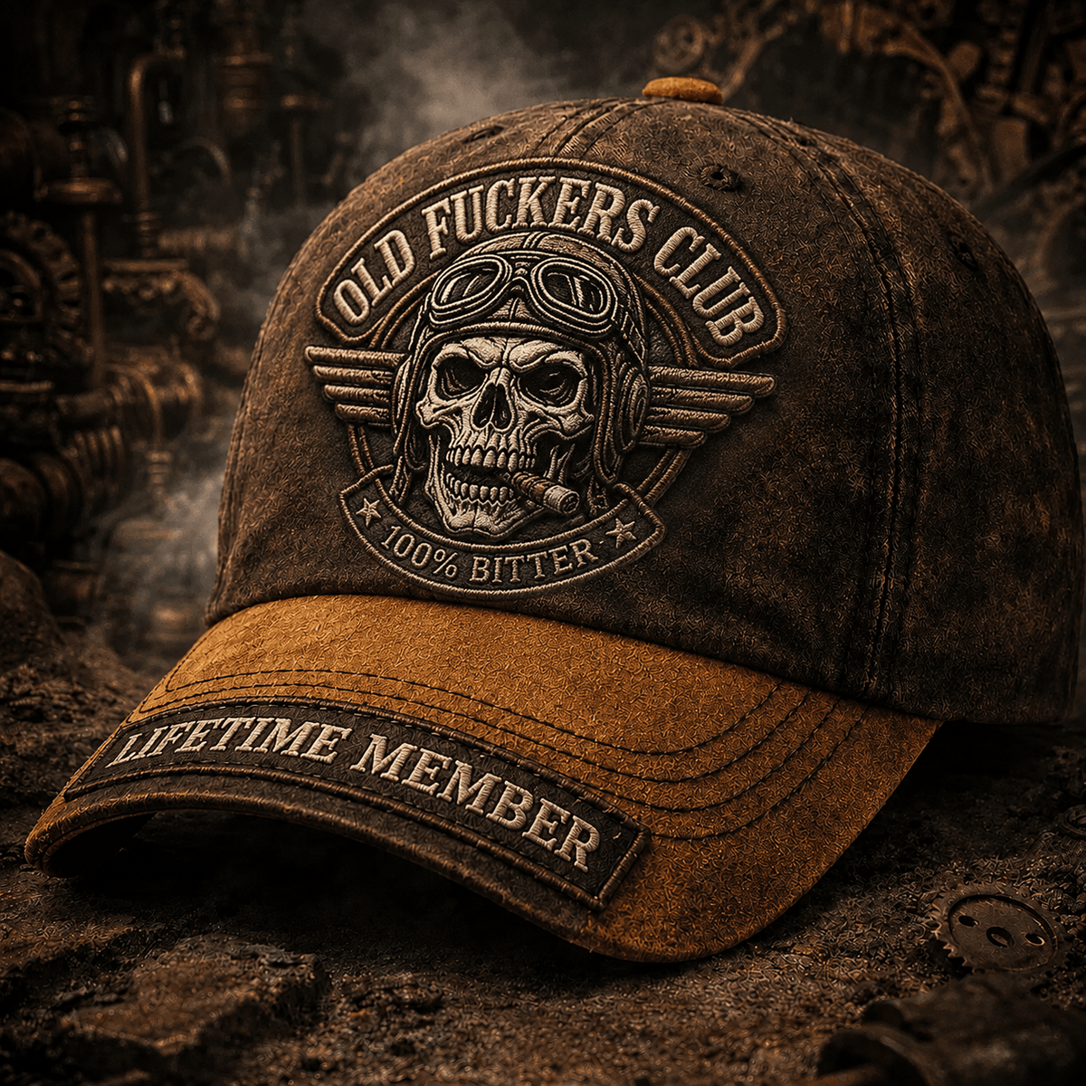 Old Fuckers Club Skull Biker Printed Cap, Funny Old Man Baseball Hat, Motorcycle Rider Humor Gift for Men