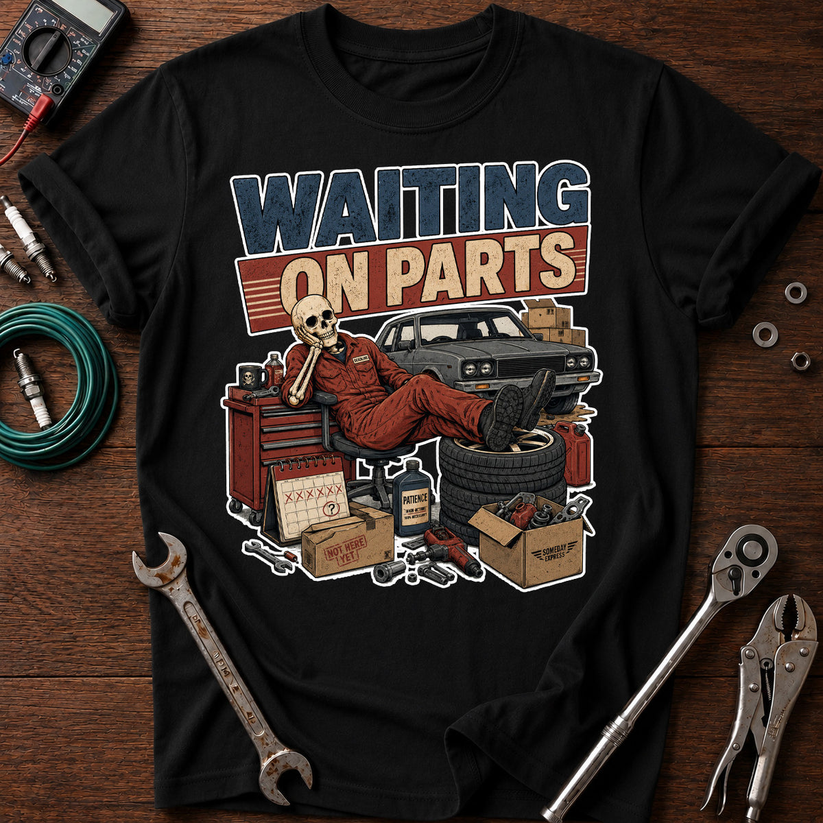 Waiting On Parts Mechanic Printed T-Shirt, Funny Auto Repair Shirt for Men, Garage Mechanic Humor Tee, Car Lover Gift