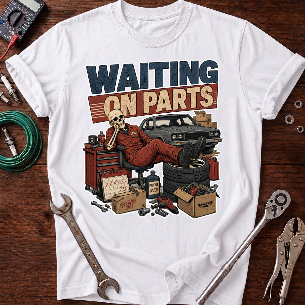 Waiting On Parts Mechanic Printed T-Shirt, Funny Auto Repair Shirt for Men, Garage Mechanic Humor Tee, Car Lover Gift