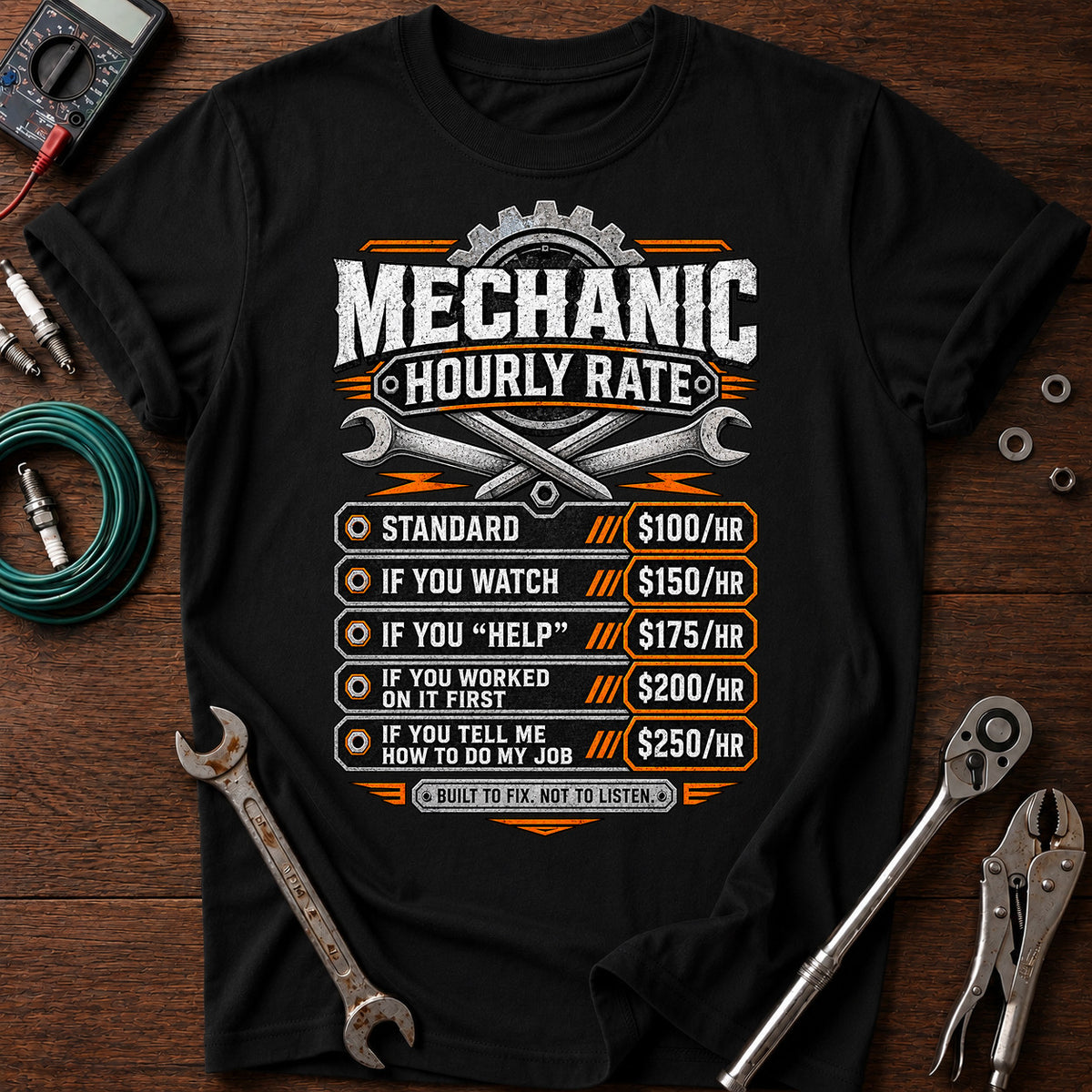 Mechanic Hourly Rate Printed T-Shirt, Funny Auto Repair Graphic Tee, Garage Humor Shirt, Tool Lover Gift for Mechanics and Men