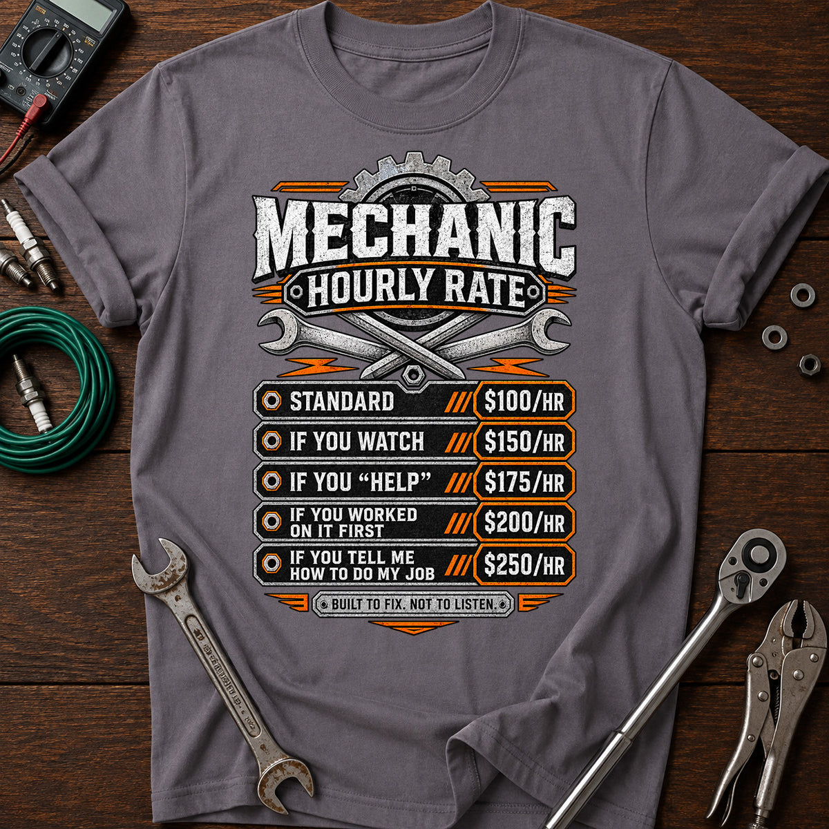 Mechanic Hourly Rate Printed T-Shirt, Funny Auto Repair Graphic Tee, Garage Humor Shirt, Tool Lover Gift for Mechanics and Men