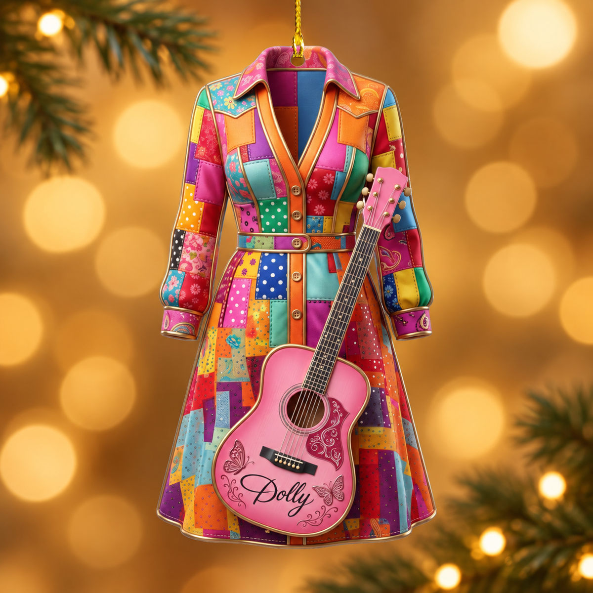 Dolly Parton Pink Coat & Guitar Acrylic Tree Ornament, Dolly Parton Fan Gift Keepsake