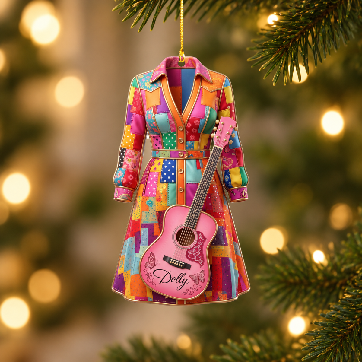 Dolly Parton Pink Coat & Guitar Acrylic Tree Ornament, Dolly Parton Fan Gift Keepsake