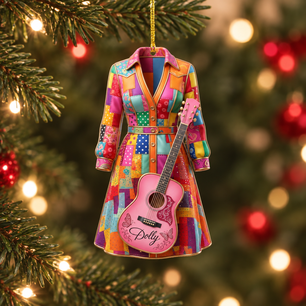 Dolly Parton Pink Coat & Guitar Acrylic Tree Ornament, Dolly Parton Fan Gift Keepsake