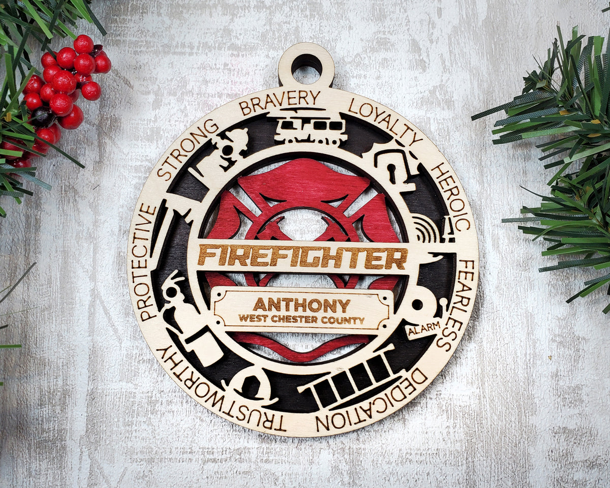 Firefighter Wood Sign, Wooden Christmas Ornament, Christmas Decor