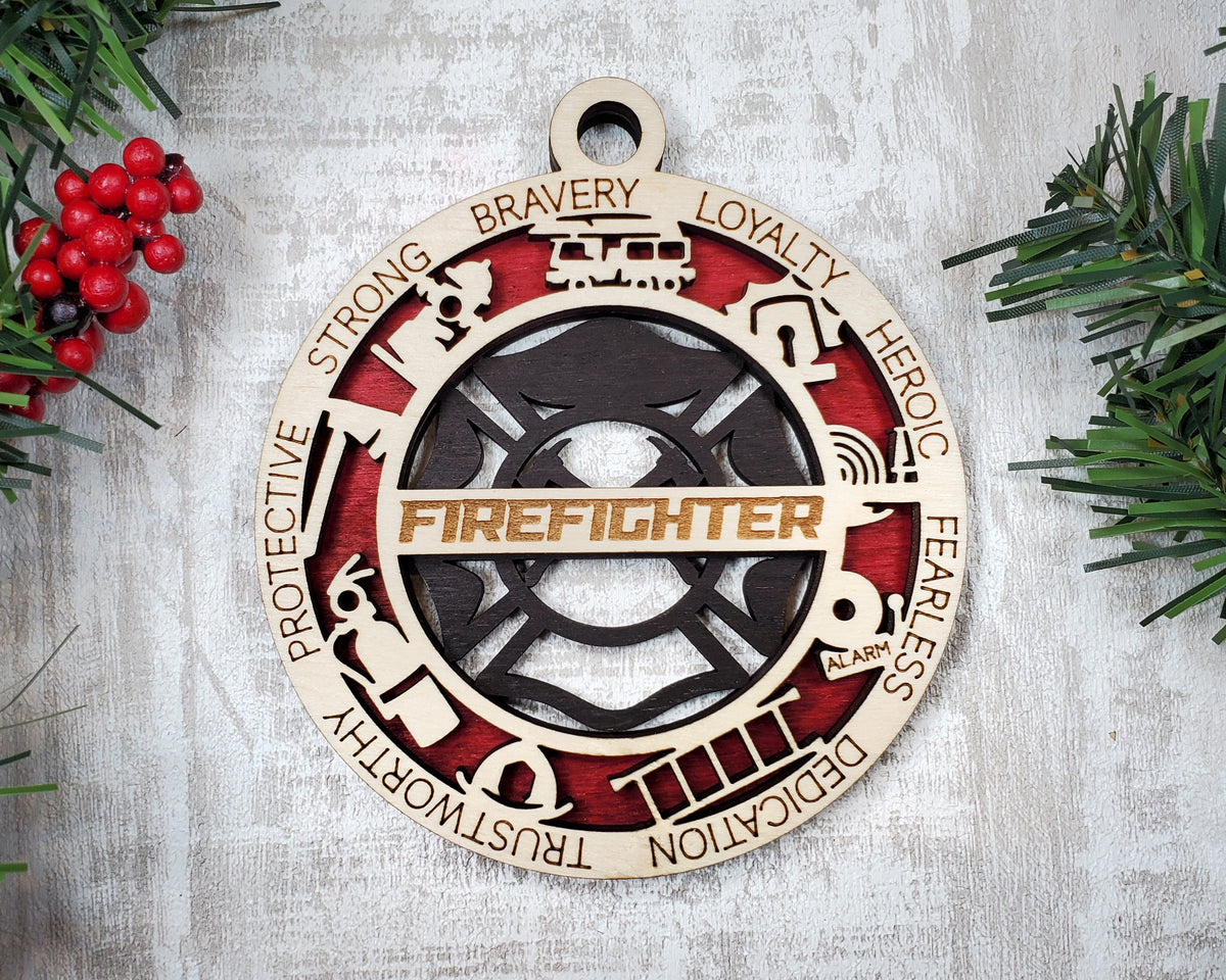 Firefighter Wood Sign, Wooden Christmas Ornament, Christmas Decor